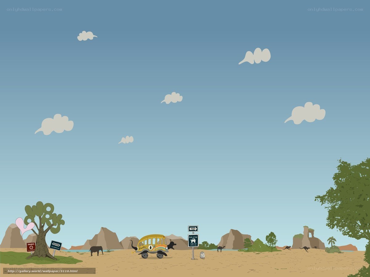 Desert landscape with bus and animals