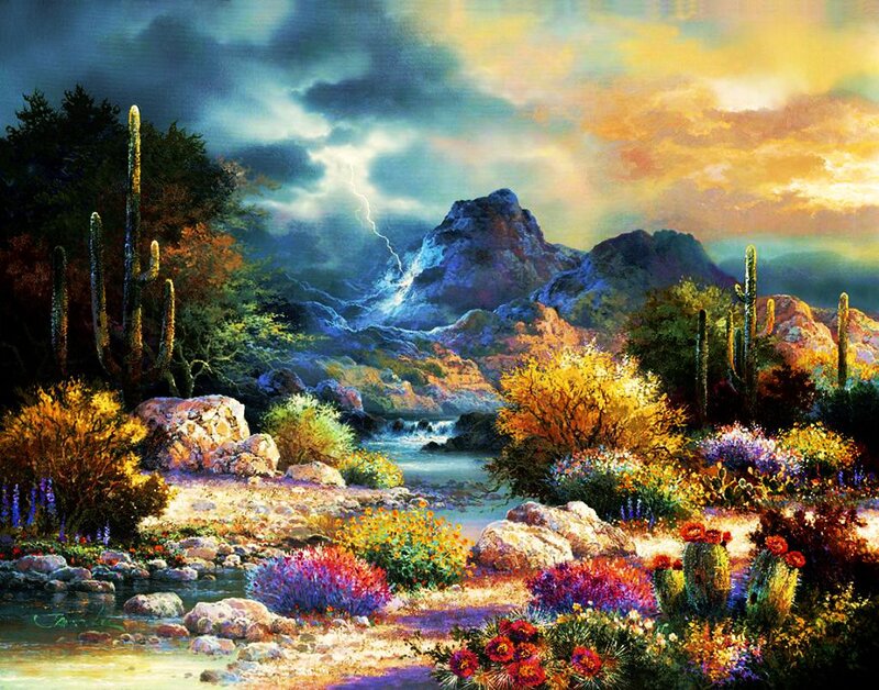 Desert Landscape with Cactus — Blue, Dramatic, Sunset