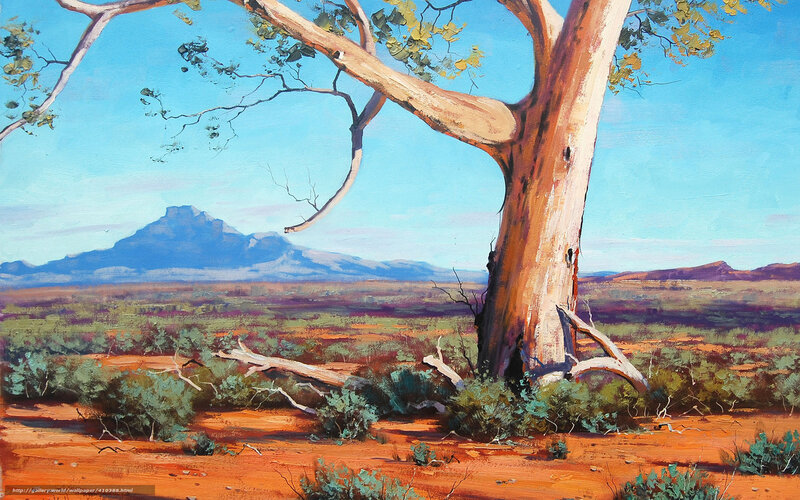 Desert landscape with eucalyptus tree