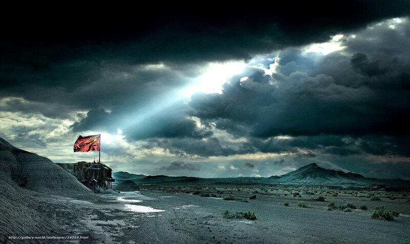 Desert landscape with flag