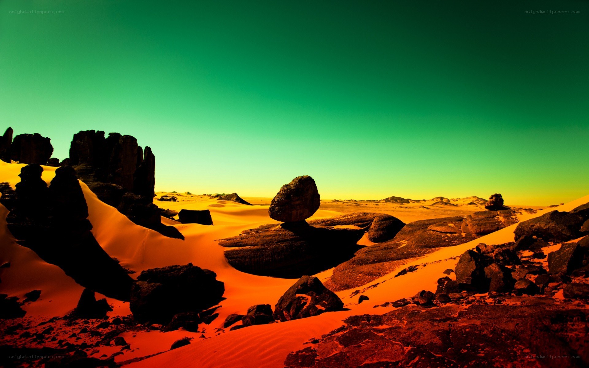 Desert landscape with green sky