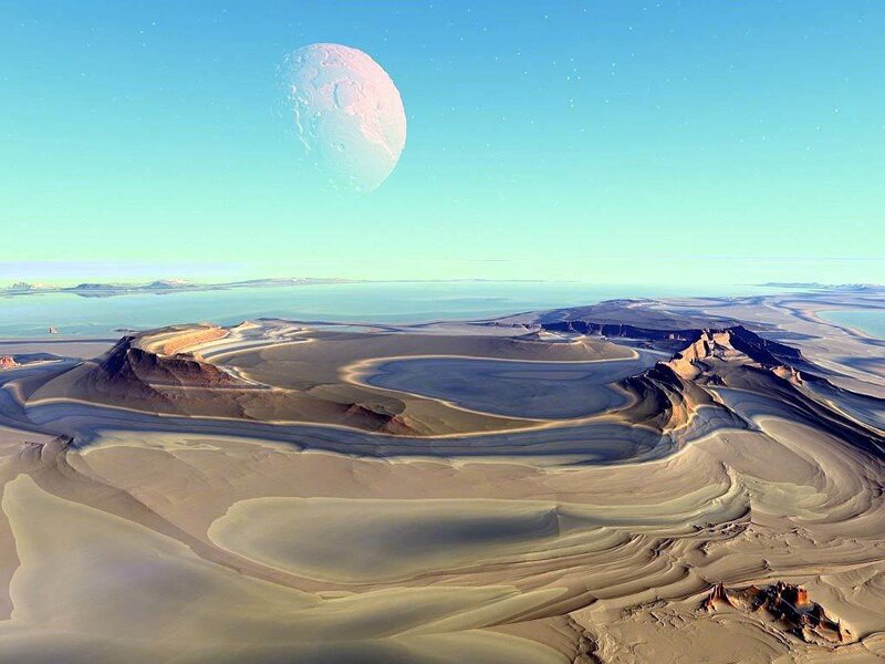 Desert landscape with large moon
