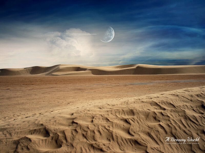 Desert Landscape with Moon — Blue, Dramatic, Night