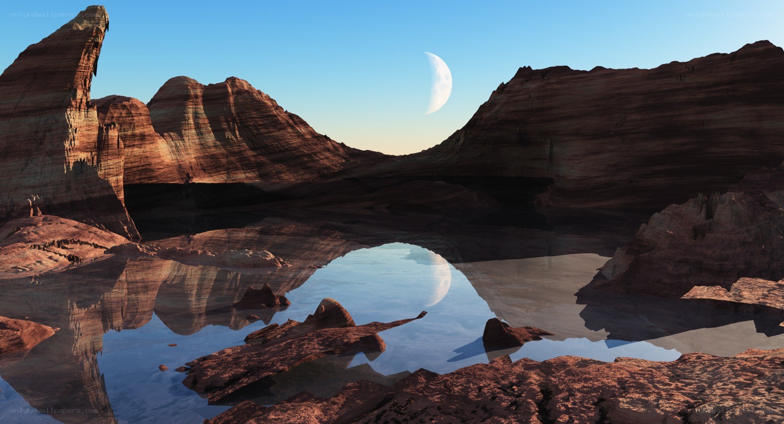 Desert landscape with moon reflection