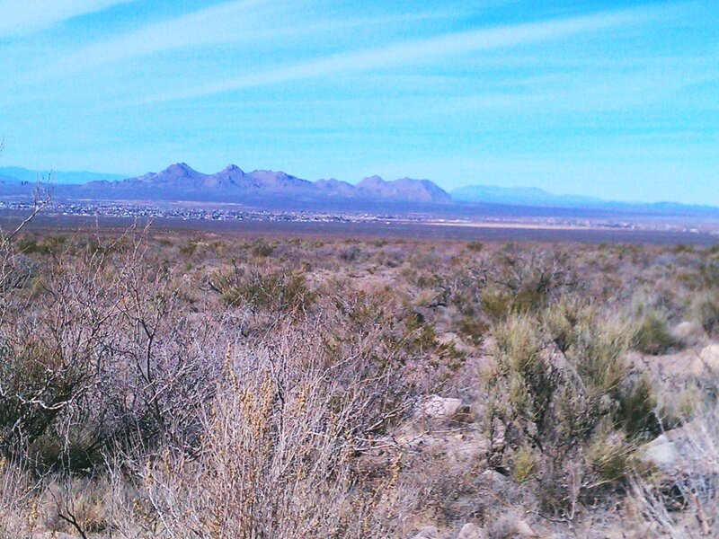 Desert Landscape with Mountains — Blue, Arid, Afternoon, Photograph, Bushes
