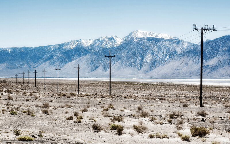 Desert Landscape with Mountains — Blue, Arid, Afternoon, Photograph, Power Lines