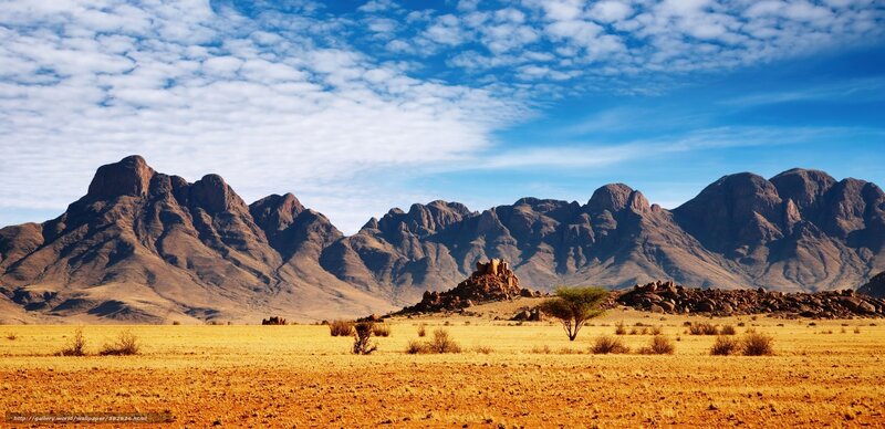Desert Landscape with Mountains — Blue, Arid, Afternoon, Photograph, Tree, Clouds