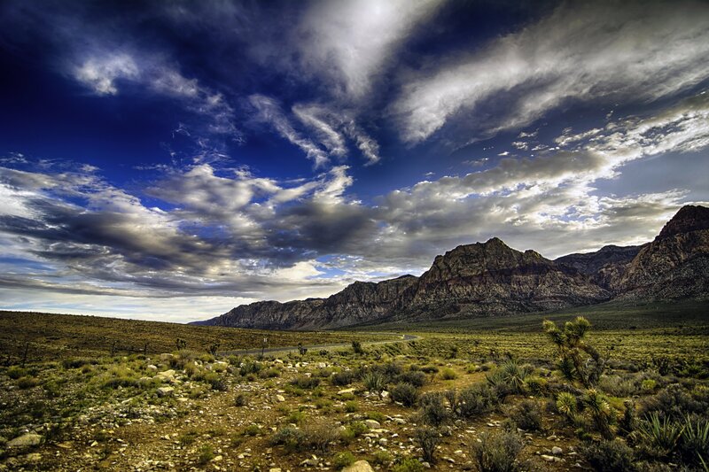Desert Landscape with Mountains — Blue, Dramatic, Afternoon, Photograph, Clouds, Road