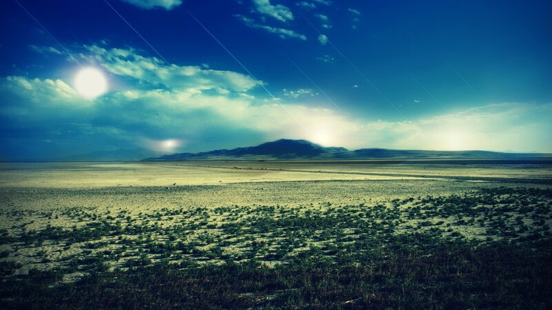 Desert Landscape with Mountains — Blue, Dramatic, Afternoon, Photograph, Clouds