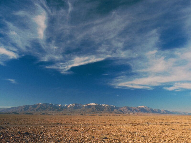 Desert Landscape with Mountains — Blue, Serene, Afternoon, Photograph, Clouds, Brown