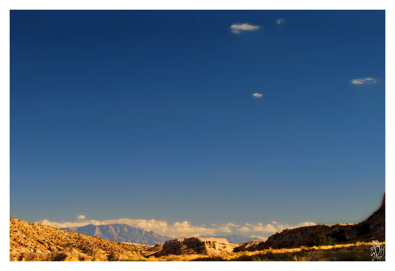 Desert Landscape with Mountains — Blue, Serene, Afternoon, Photograph, Clouds, Rocks