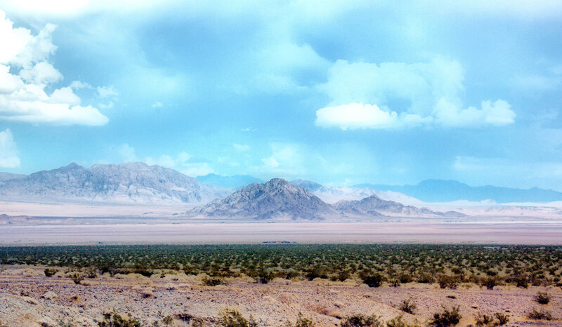 Desert Landscape with Mountains — Blue, Serene, Afternoon, Photograph, Clouds, Shrubs, Brown