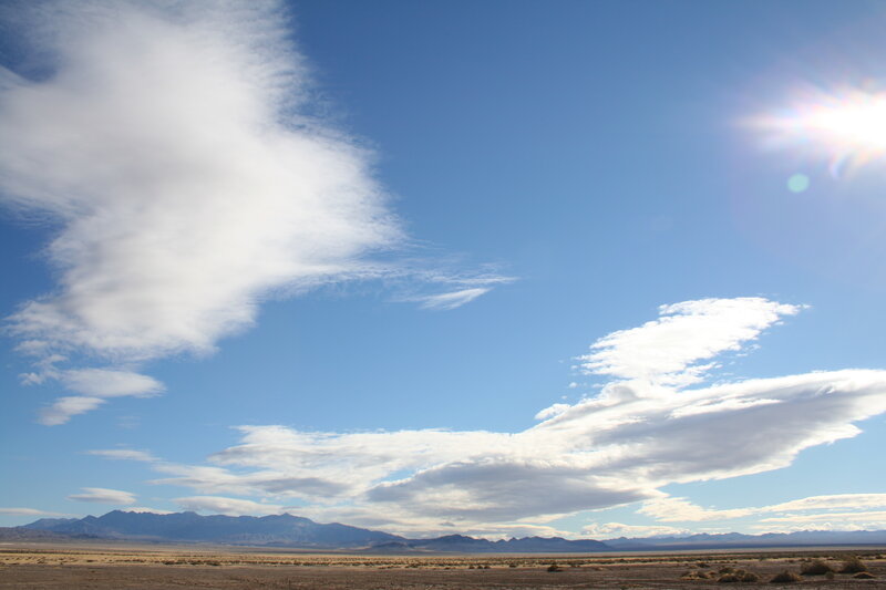 Desert Landscape with Mountains — Blue, Serene, Afternoon, Photograph, Clouds, Sun