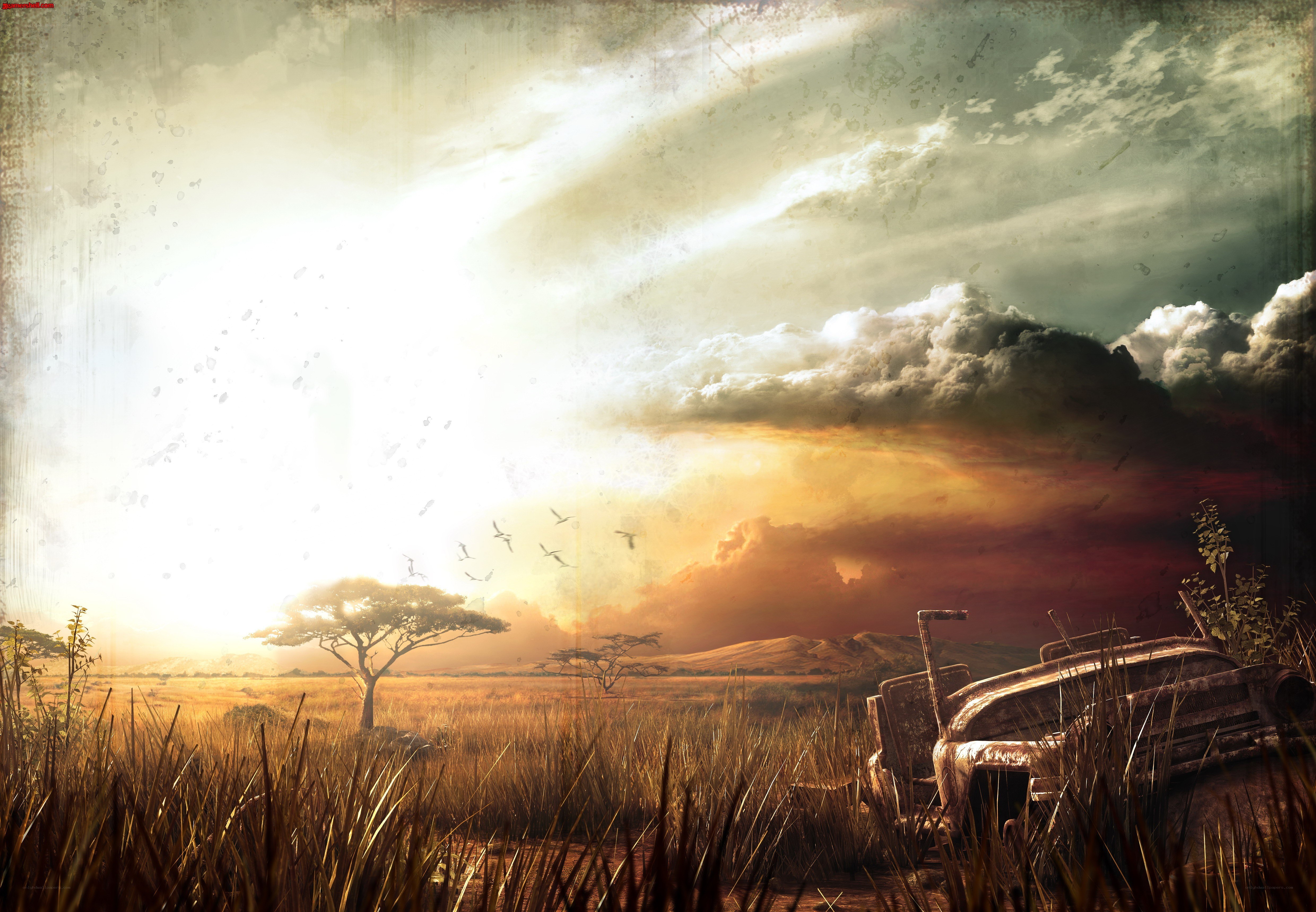 Desert landscape with old car