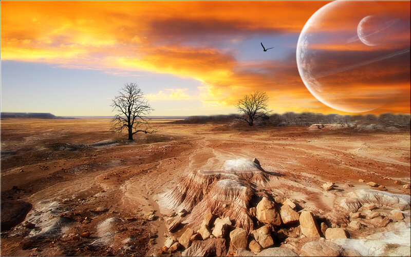 Desert Landscape with Planets