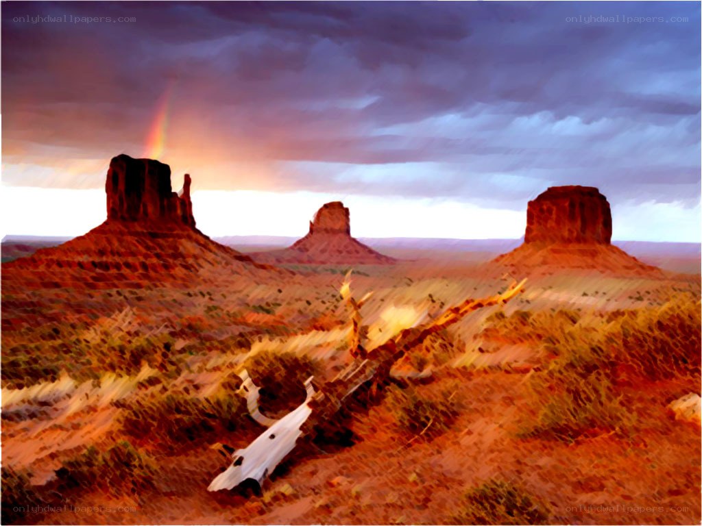 Desert landscape with rainbow