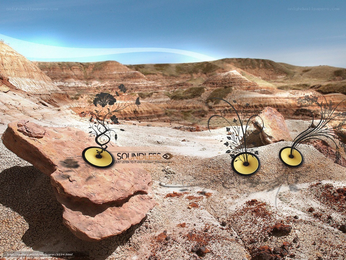 Desert landscape with stylized speakers