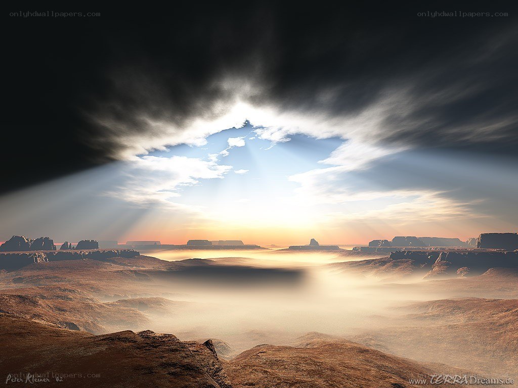 Desert landscape with sunbeams