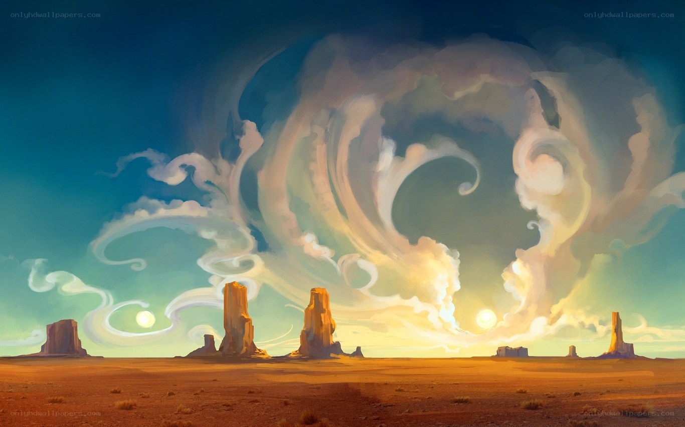 Desert landscape with swirling clouds