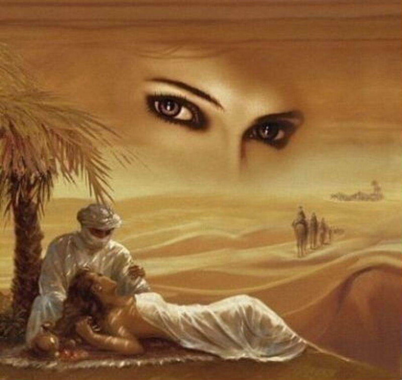 Desert lovers under giant eyes