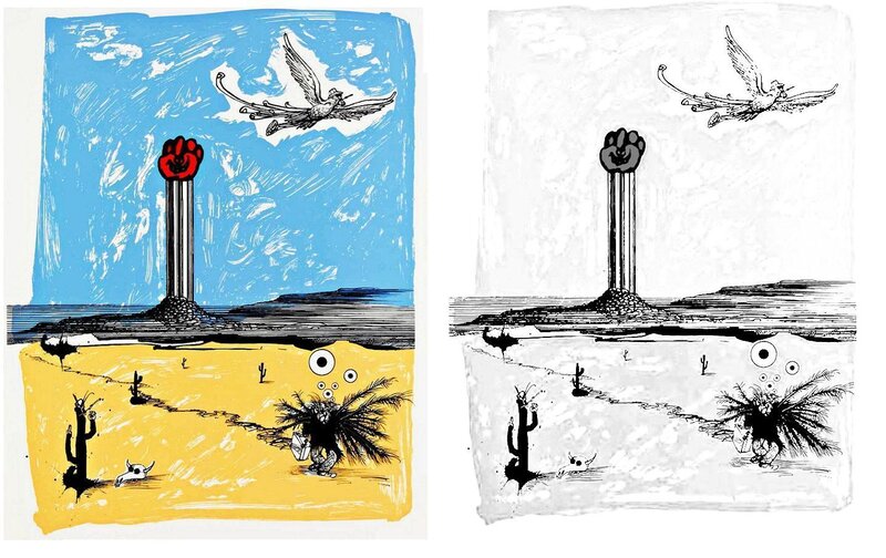 Desert monument with flying bird