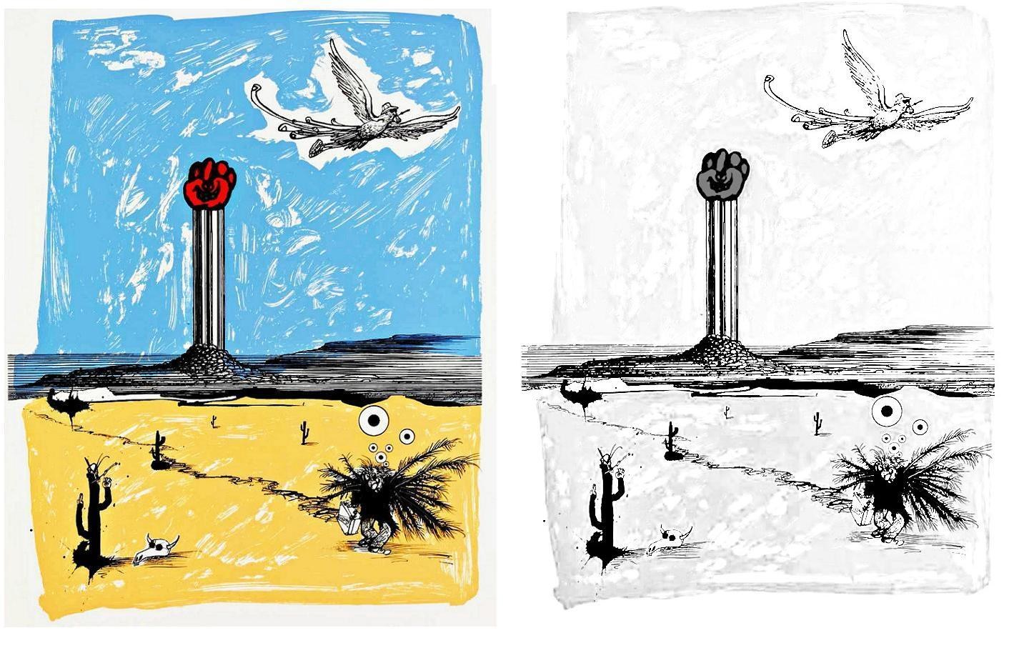 Desert monument with flying bird