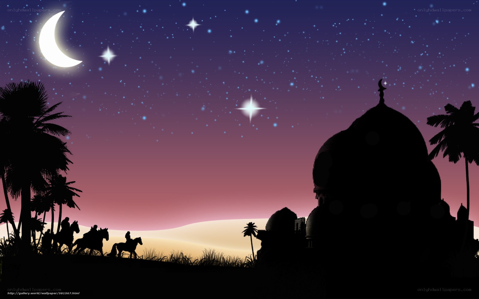 Desert night with moon and mosque