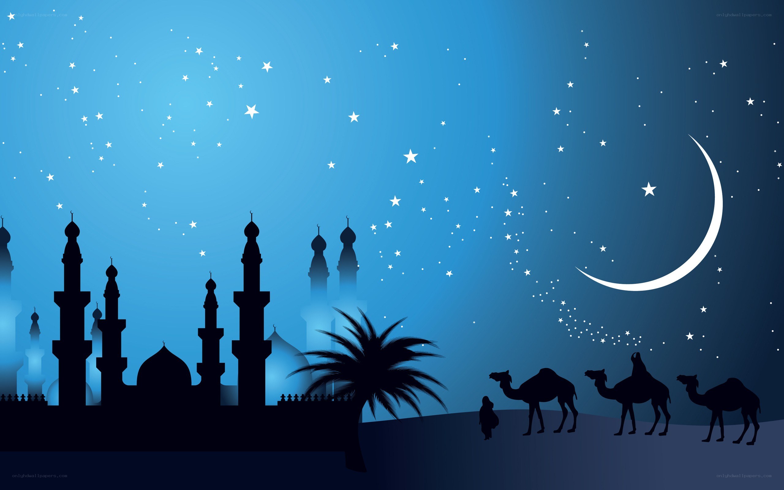 Desert night with mosque and camels