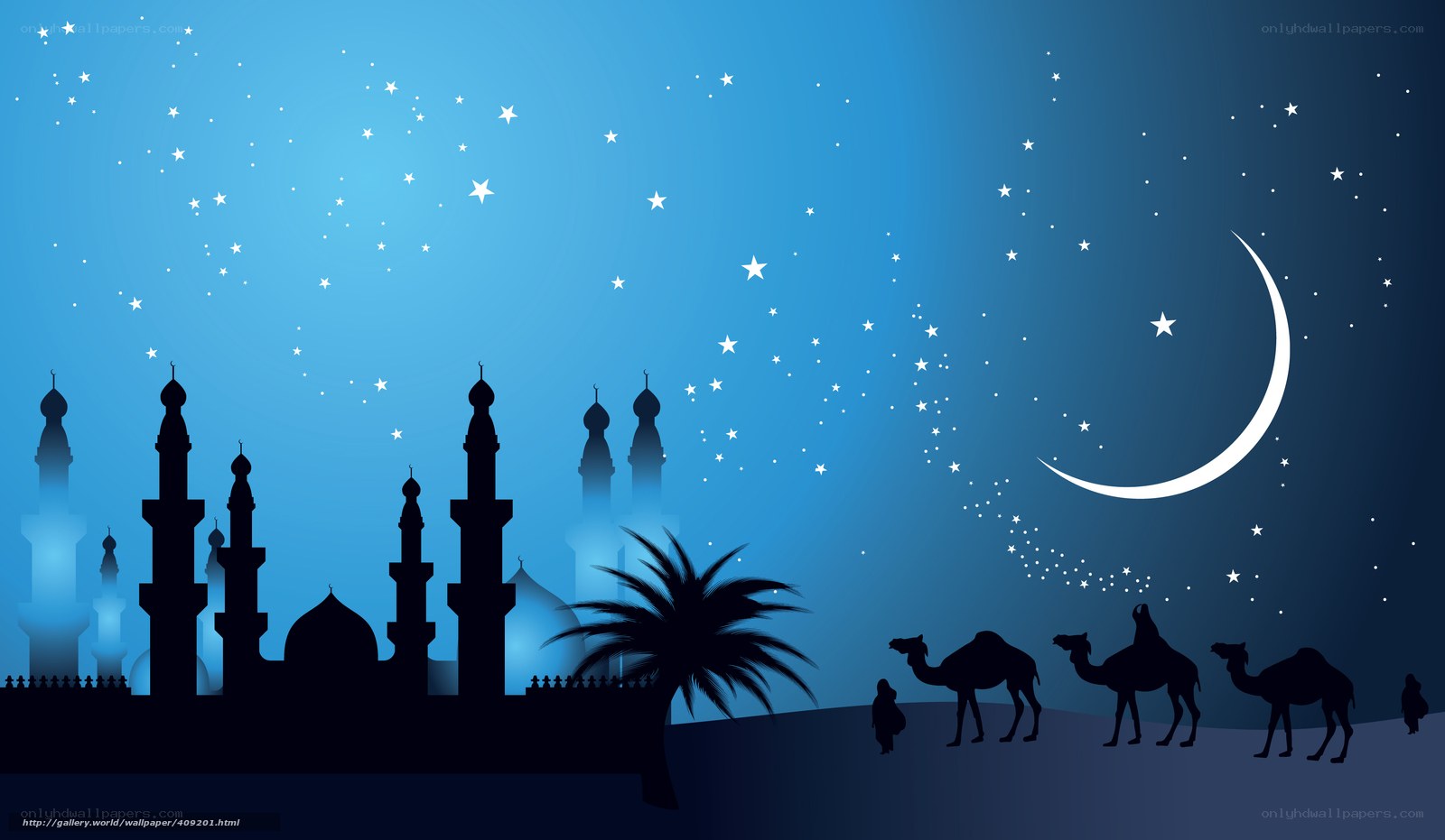 Desert night with mosque and caravan