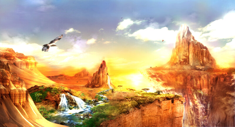 Desert oasis at sunset