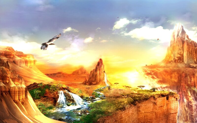 Desert oasis at sunset