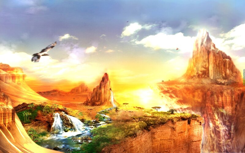 Desert oasis at sunset