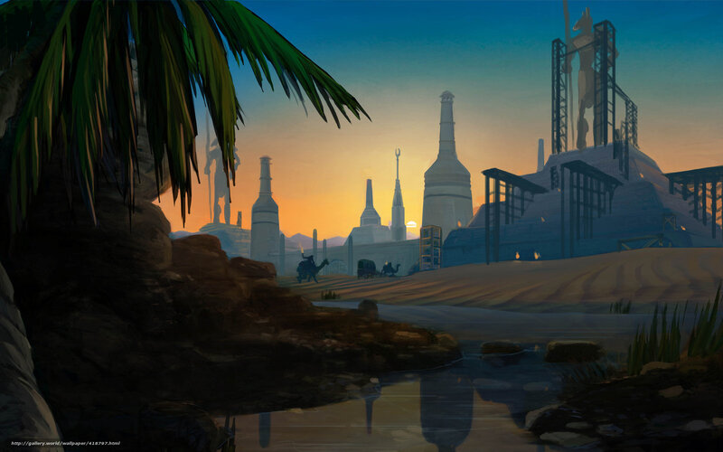 Desert oasis at sunset
