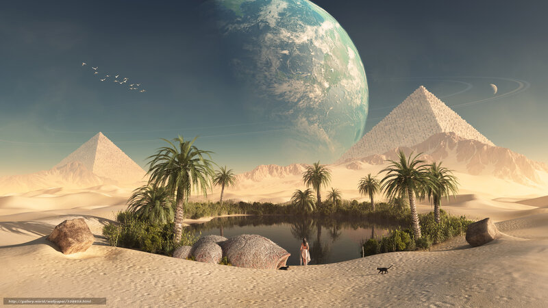 Desert oasis with alien planet