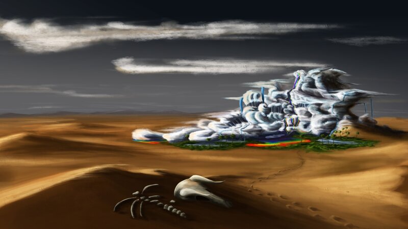 Desert oasis with alien structure
