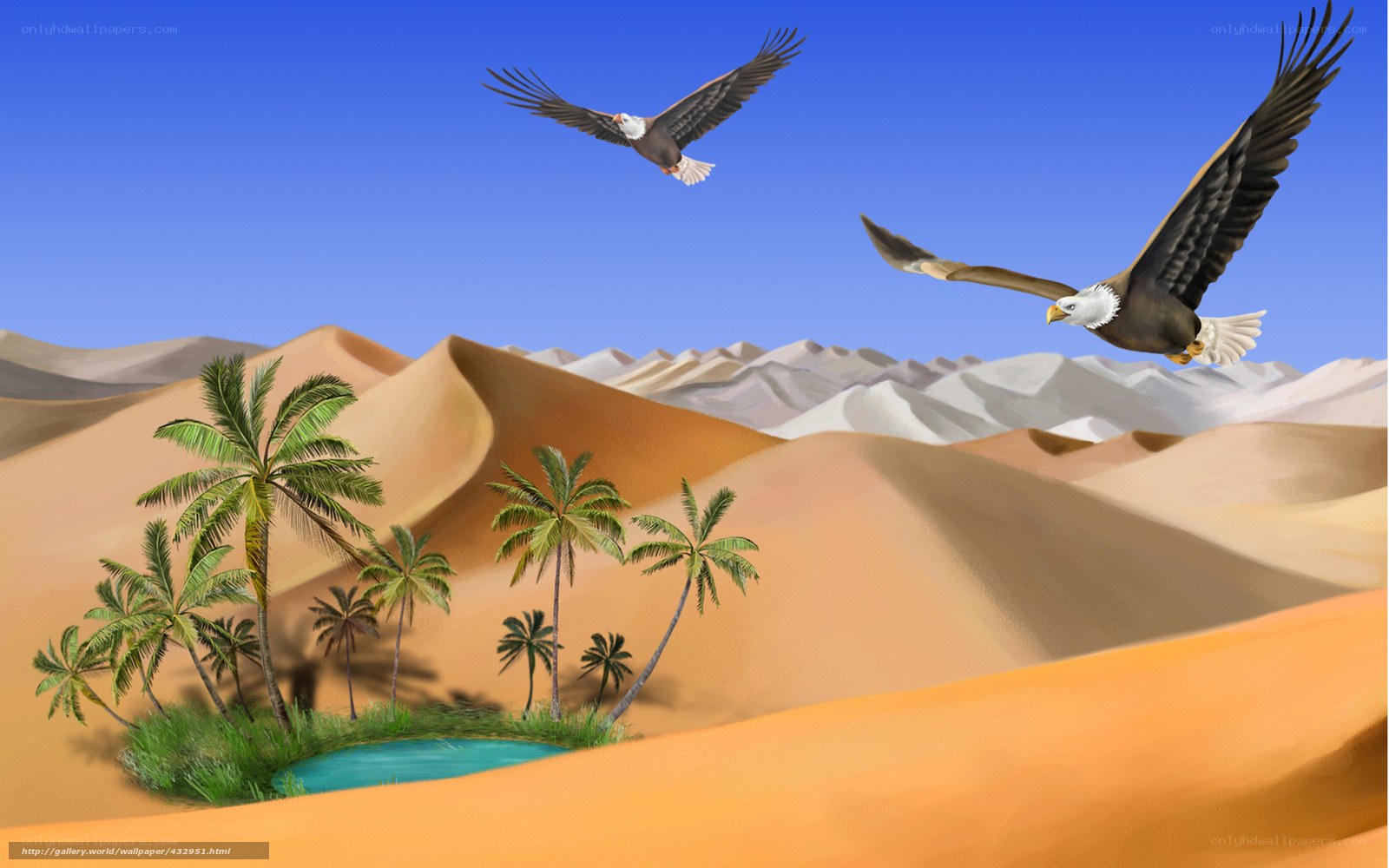 Desert oasis with eagles