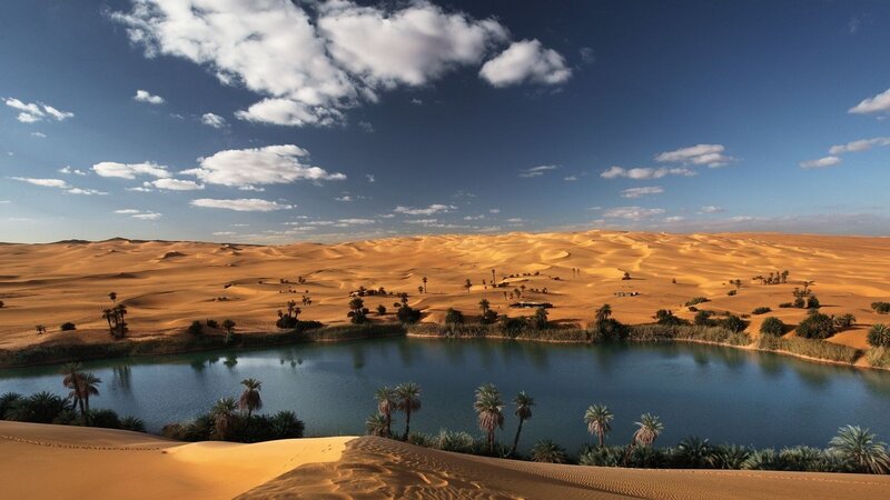 Desert Oasis with Lake — Blue, Serene, Afternoon, Photograph, Sand Dunes