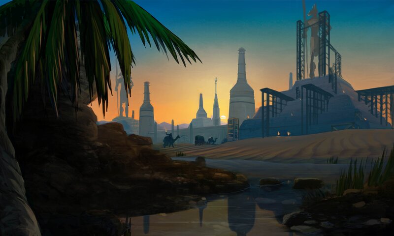 Desert Oasis with Ruins