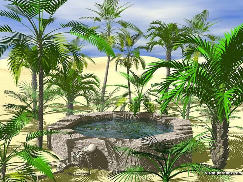 Desert oasis with skeleton