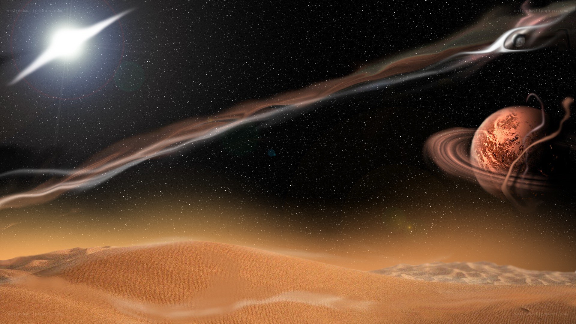 Desert planet with ringed world