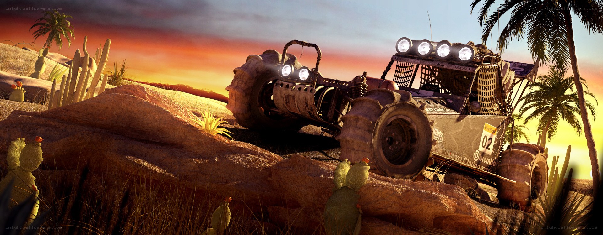 Desert racing vehicle at sunset