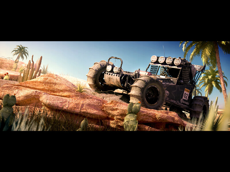 Desert racing vehicle on rocky terrain