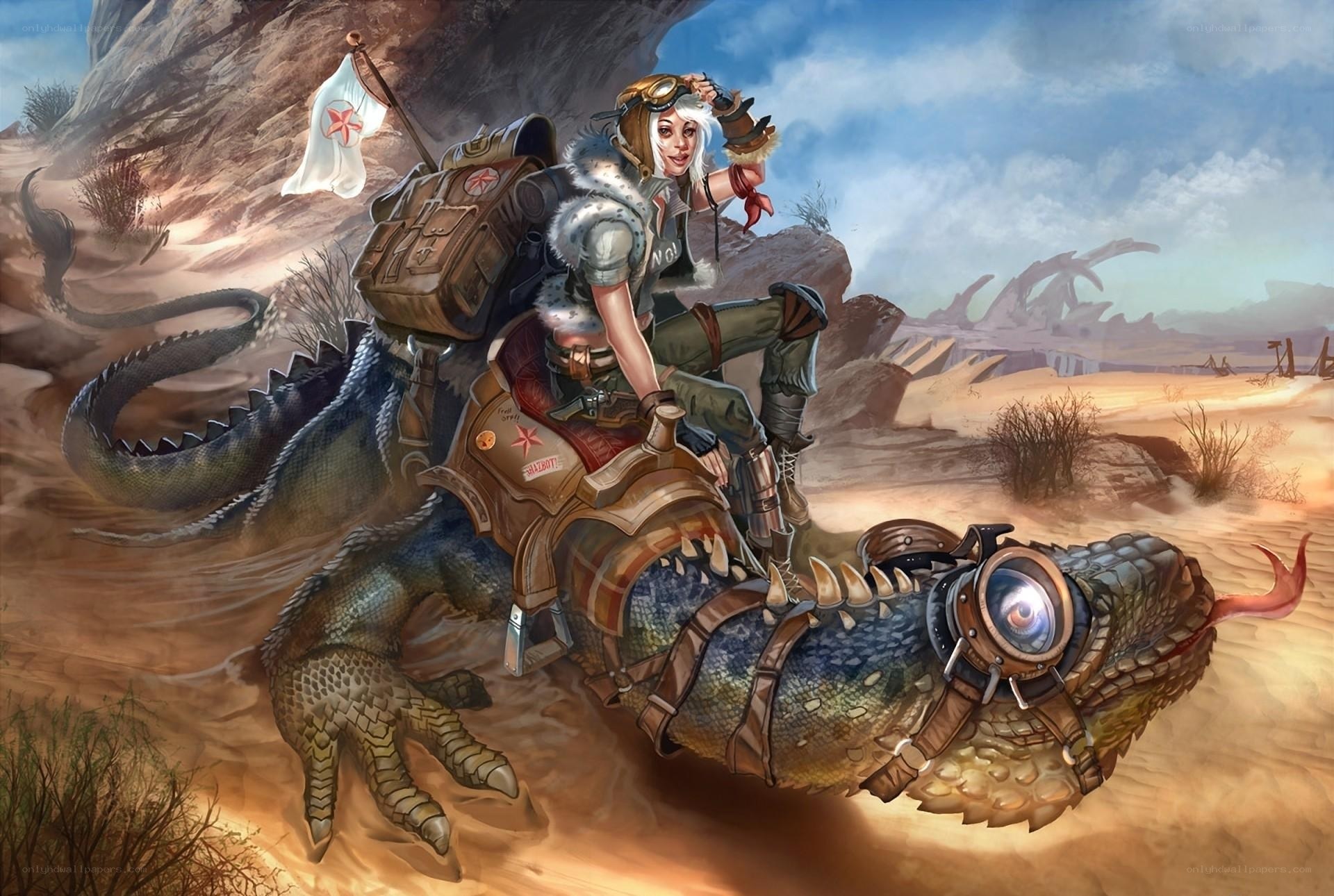 Desert rider on mechanical lizard