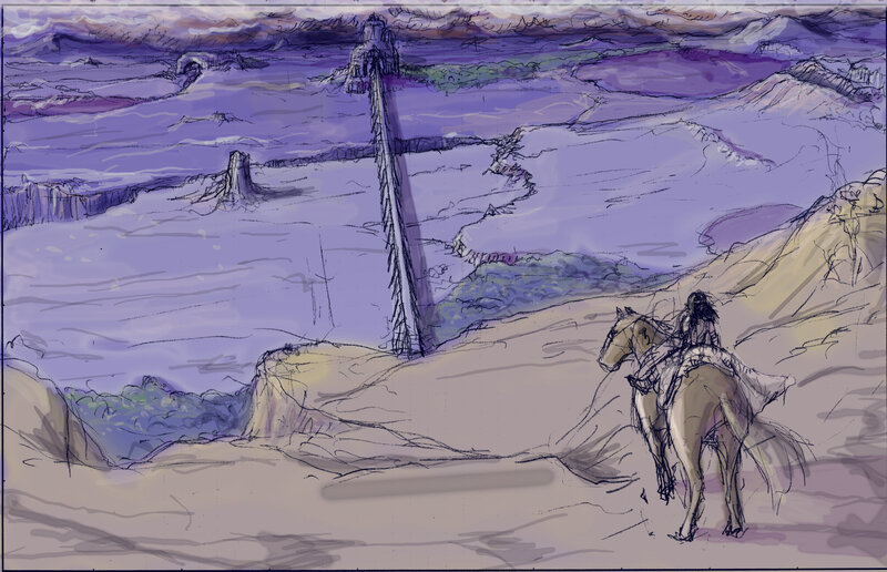 Desert rider with ancient tower
