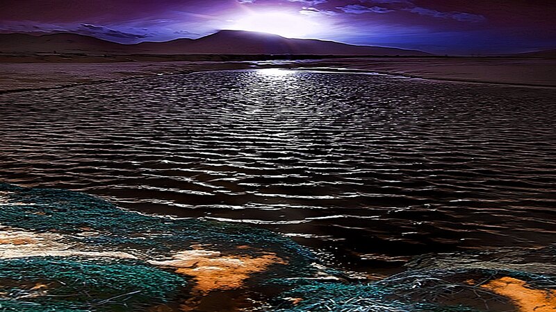 Desert river at sunset