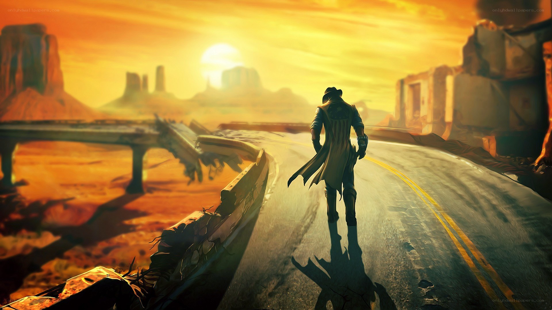 Desert road at sunset