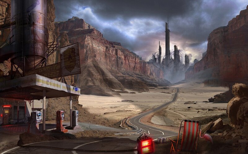 Desert road to a ruined city