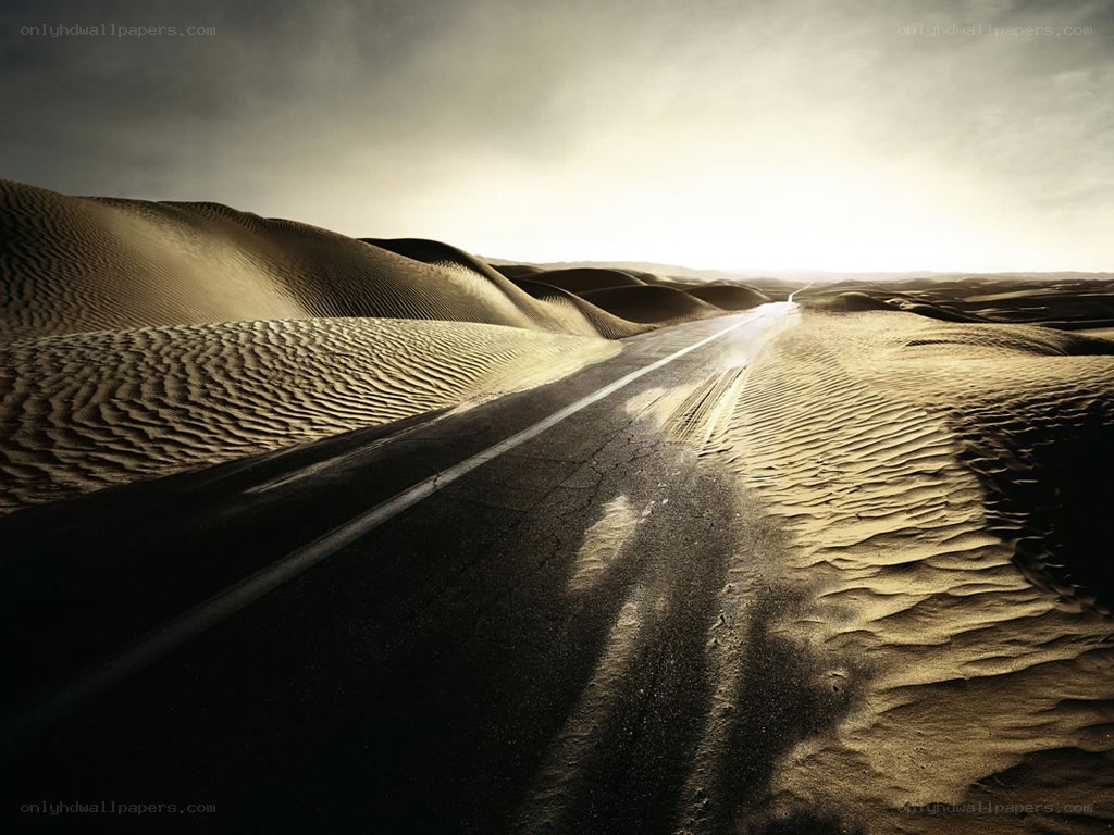 Desert road vanishing into dunes