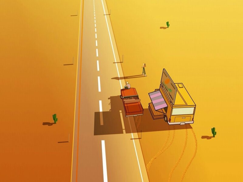 Desert road with food truck