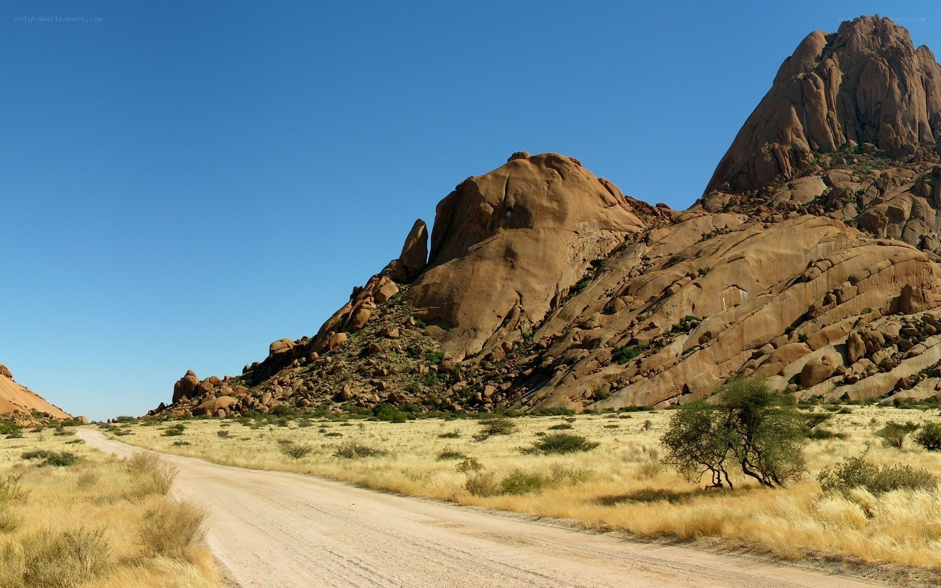 Desert road with rock formations